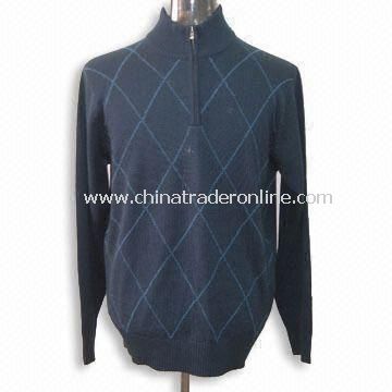 Mens Sweater in Mock Neck with Zip Front, Front Panel Knitted by Auto Machine from China