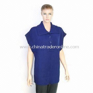 Womens Knitted Pullover Sweater, Made of Acrylic and Cotton, V-neck, Short Sleeves from China