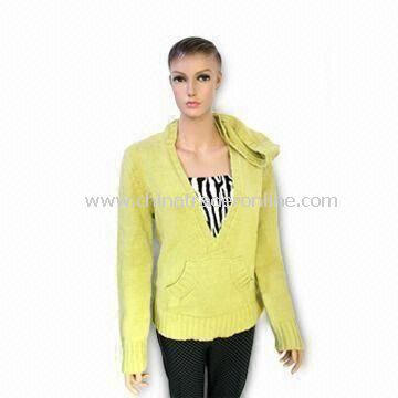 Womens Knitted Pullover Sweater with Long Sleeves and V-neck, Made of Acrylic and Cotton
