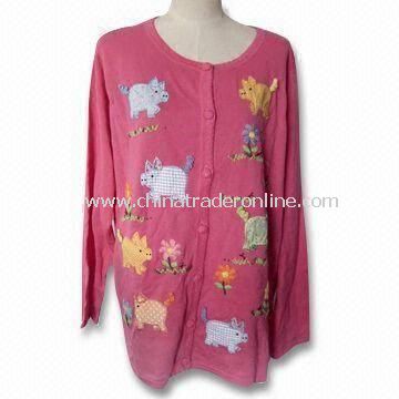 Womens Knitted Sweater/Cardigan in Big Size with Print and Embroidery, Long Sleeves from China