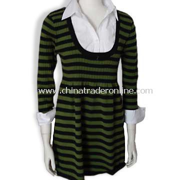 Womens Knitted Sweater with Skirt Pattern, Made of 100% Cotton, Fashionable Low Neck from China