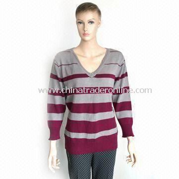 Womens V-neck Knitted Pullover Sweater, Made of 100% Cotton