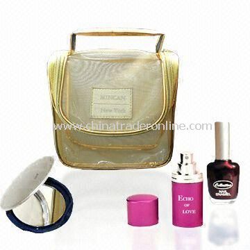 Golden Mesh Makeup Carry Bag with Pocket Mirror and Perfume Atomizer