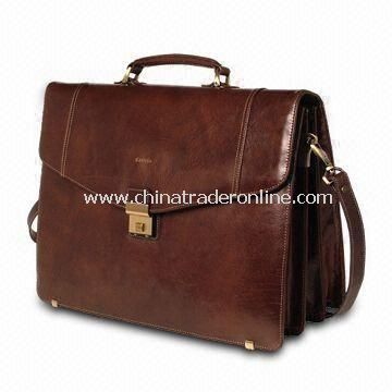 Buffalo Leather Triple Gusset Flap-over Laptop Briefcase with Adjustable Shoulder Strap from China