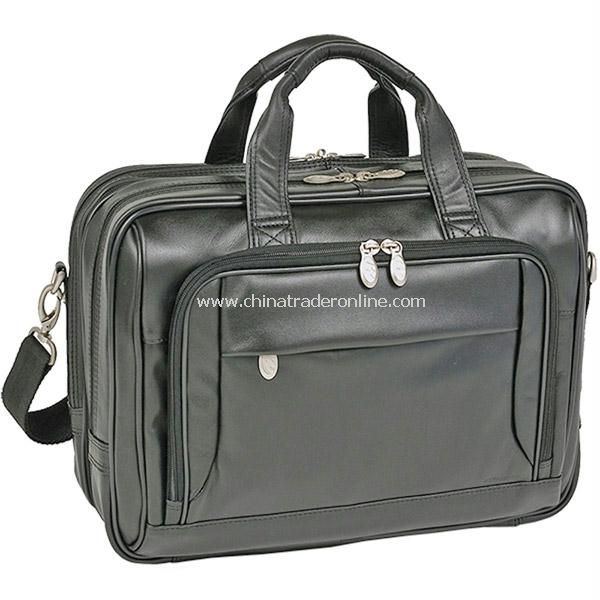 West Loop Black Leather Expandable Double Compartment Briefcase