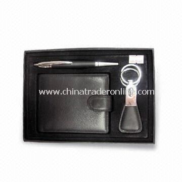 Leather Wallet Set, Suitable for Promotional and Gift Purposes, Includes Pen, Keychain