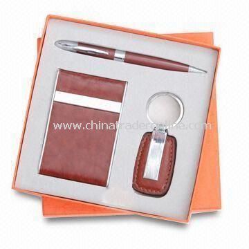 Promotional Three-piece Stationery Gift Set with Name Card Holder, Ballpen, and Keychain