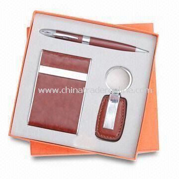 Promotional Three-piece Stationery Gift Set with Name Card Holder, Ballpen, and Keychain from China