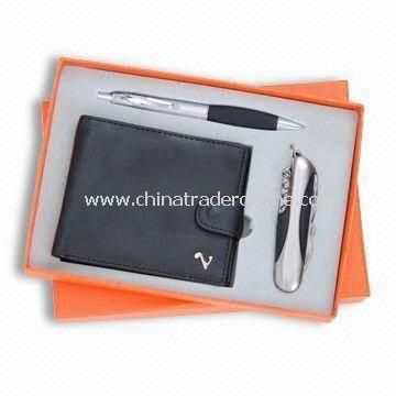 Three-piece Stationery Gift Set, Includes Wallet, Ball Pen and Knife, Small Orders are Accepted from China