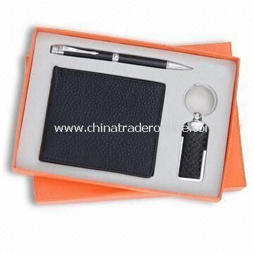 Three-piece Stationery Gift Set for Promotional Purpose, Includes Wallet, Ball Pen and Keychain