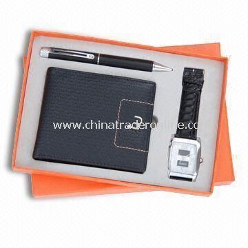 Three-piece Stationery Gift Set for Promotional Purposes, Includes Ball Pen, Wallet and Watch