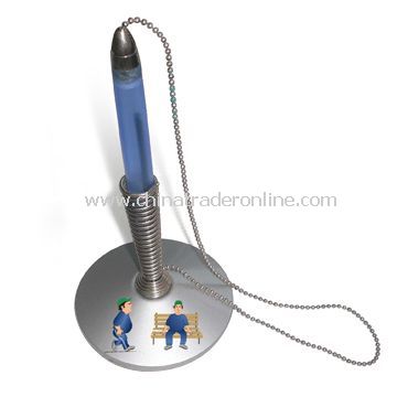 Table Pen Metal Spring Stand with Chain and Plastic Pen Barrel, Customers Logos are Accepted