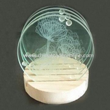 Coasters, Made of Glass, Round Shape with Wooden Holder, Customized Designs are Accepted