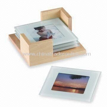 Glass Photo Frame Coasters with Wooden Stand, Suitable for Home and Office Decoration from China