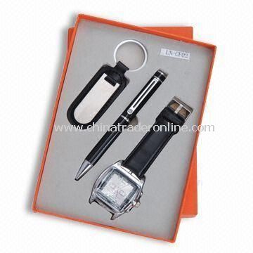 3-piece Stationery Gift Set, Small Orders are Welcome, Includes Ball Pen, Watch and Keychain from China