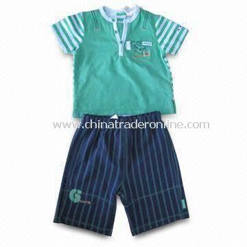 Babies Clothing Set with Short Sleeves, Green T-shirt, and Short Navy Pants from China