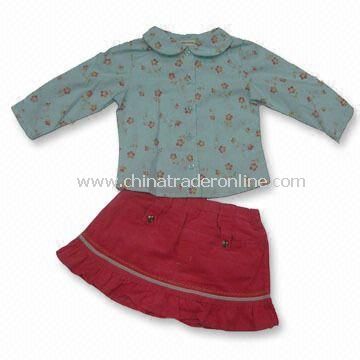 Long Sleeve Blouse, Skirt Set, Front Pockets, Emb. and Velor Ribbon Trims on Skirt, Ruffle Hem