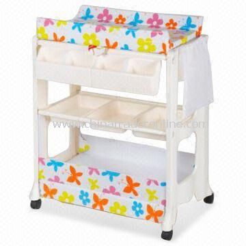 Baby Change Table with Bath and Storage, Two Shelves and Lockable Wheels