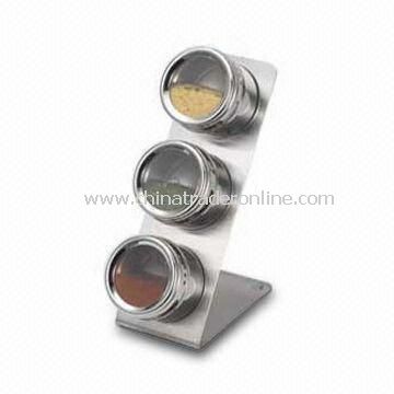 Stainless Steel Magnetic Spice Rack with 3 Pieces Condiment Jars, Measuring 24 x 12 x 9cm