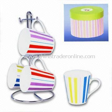 4-Piece Porcelain Cup Set with Color Strip Decorations, Available for ODM Services from China