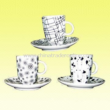 Super-white Porcelain Cups and Saucers in Black and White