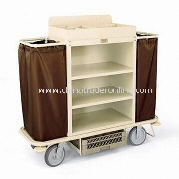 Housekeeping Cart with Steel Cabinet, Tubular Steel Low Profile Handles, and 2.5-inch Deep Top Tray