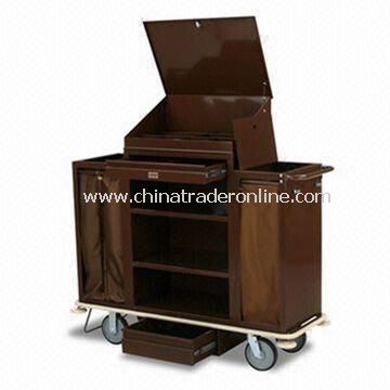 Housekeeping Cart with Three Shelves, 2.5-inch Deep Top Tray, and 30 x 42-inch Steel Cabinet