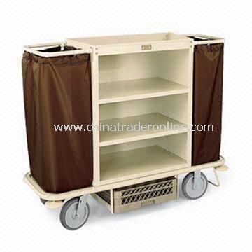 Steel Housekeeping Cart with Three Shelves, Low-profile Handles, and Under-deck Glass Rack Holder