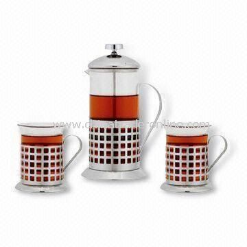 3-piece Coffee Plunger Set, Made of High Grade Stainless Steel Frame and Heat-resistant Glass