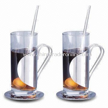 Coffee Mugs with 280ml Capacity, Includes 2 Straws and Plates, Made of Glass