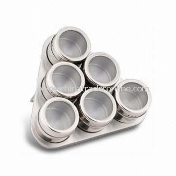 Stainless Steel Magnetic Spice Rack, Measures 21 x 21 x 6cm with 6pcs Condiment Jars from China