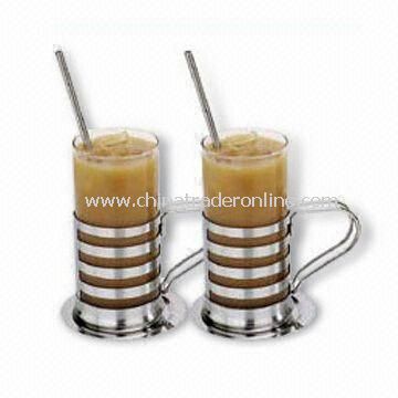 2 Pieces Irish Coffee Mug in Cross Band Design, Mirror Finish, S/S Holder, Straw Spoon, Round Plate from China