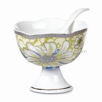 Porcelain Ice Cream Cup with Spoon Various Designs are Available, Measuring 11 x 8.5cm