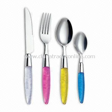 Plastic Handle Cutlery Set with Knife, Fork, Spoon, and Teaspoon, Different Colors are Available