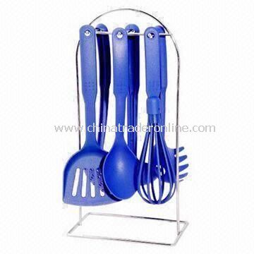 Nylon Utensil Set with Stainless Steel Stand, Includes Whist, Skimmer and Spoon