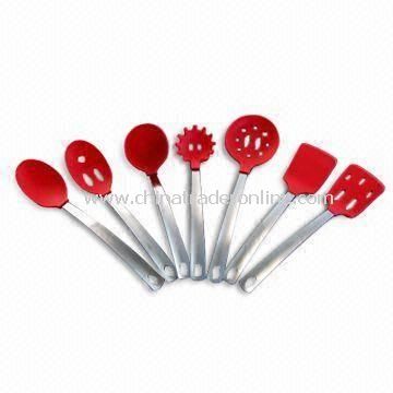 Silicone Utensil Set with Stainless Handles and Handing Holes, Available in Different Colors