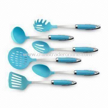 Six-piece Heat-resisitant Nylon Kitchen Utensil Set with Santoprene and Stainless Steel Handles