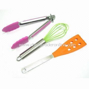 Three-piece Silicone Kitchen Utensil Set, Includes Spaghetti Tongs, Turner and Egg Beater
