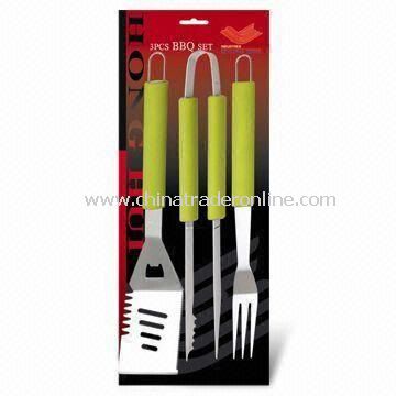 3pc BBQ Tool Set With Colorful Silicone Handle, Includes Turner, Tongs and Fork