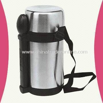 Stainless Steel Vacuum Food Jug with Three Plastic Containers Inside and Forks/Spoons