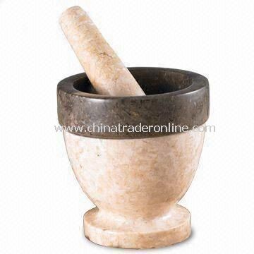 Mortar and Pestle, Made of Two-tone Champagne Marble and Charcoal Band, Measures Ø4 x 4 Inches