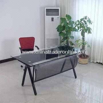 Glass Office Desk with Steel Front Panel and Tube, Easy to Assemble