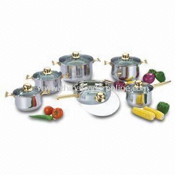 12-Piece Cookware Set with Gold-plated Handle and Glass Lid, Made of Stainless Steel