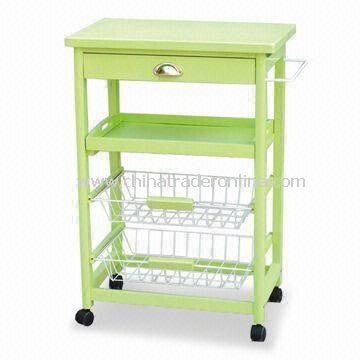 Green Kitchen Cart with One Drawer, One shelf, and Two Chromed Baskets