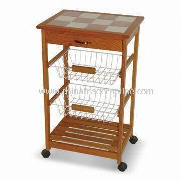 Kitchen Cart with One Wooden Shelf, Two Wire Basket Chromed, and One Drawer