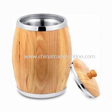 Ice Bucket with Double Wall Finish, Made of Solid Wood and Stainless Steel