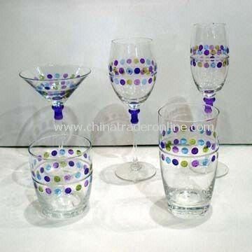 Wine Glass and Tumblers with Etched Dots and Hand-painted Color from China