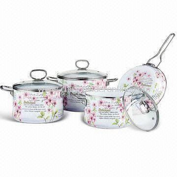 7-pieces Enamel Cookware Set with 1.2mm Body Thickness and Stainless Steel Handle