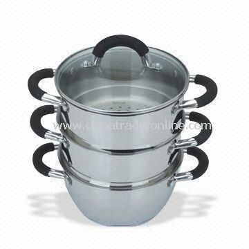 Three Pieces Food Steamers with Tempered Glass Lid, Measures 18 and 20cm, Silicone Handles and Knob