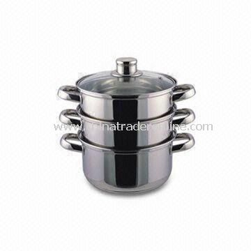 Three Pieces Food Steamers with Tempered Glass Lid, Measures 18cm